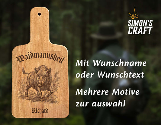 Personalisiertes Holzbrett mit Wildschwein Gravur Jäger, mit Wunschtext oder Name, Vesperbrett mit Griff, Waidmannsheil Spruch für die Jagd
