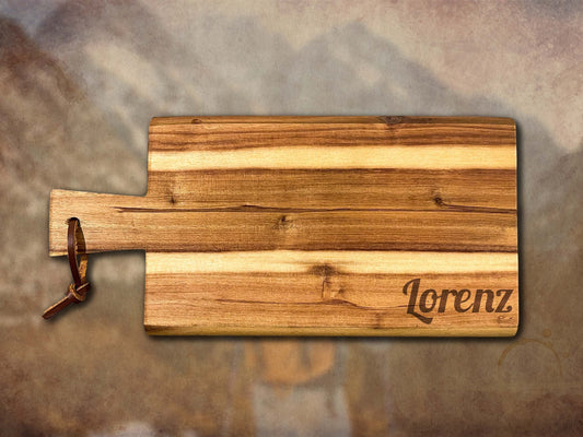 Personalisiertes Grill Barbeque Holzbrett aus Akazie mit Wunschtext oder Name, Vesperbrett mit Griff, Brettchen mit Gravur