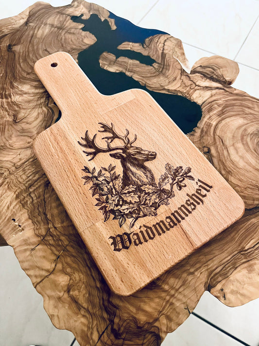 Personalisiertes Holzbrett mit Hirsch Gravur für Jäger, mit Wunschtext oder Name, Vesperbrett mit Griff, Waidmannsheil Spruch für die Jagd