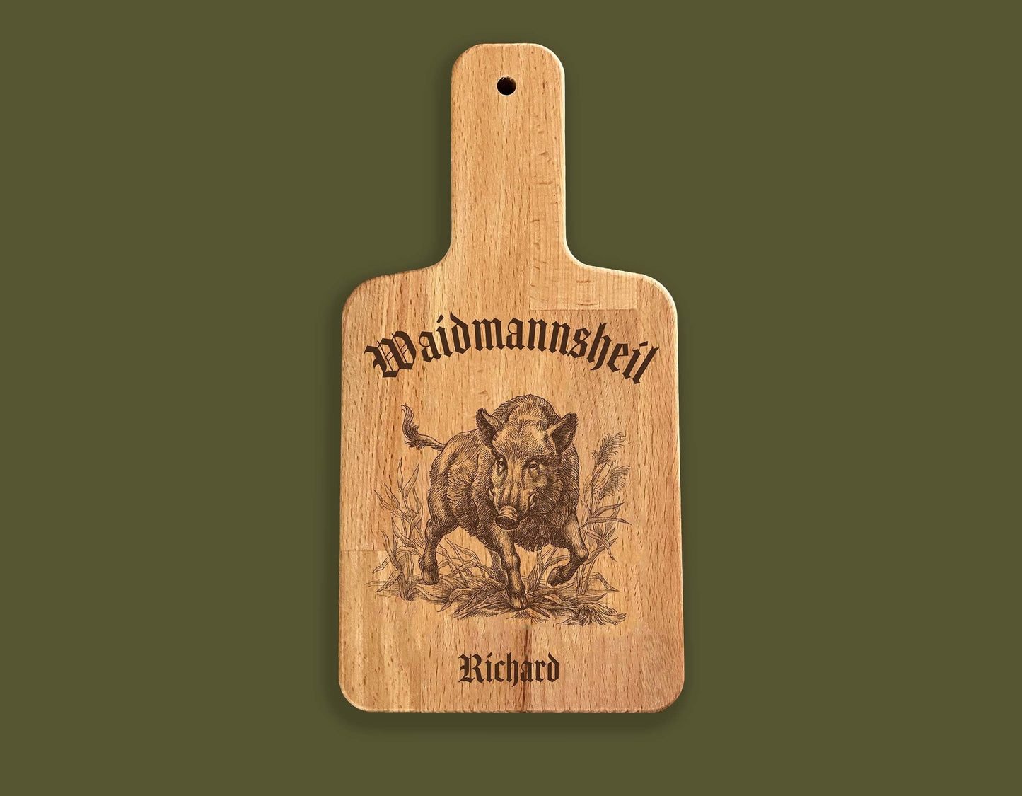 Personalized wooden board with engraving for hunters, with desired text or name, snack board with handle, Waidmannsheil saying for the hunt hunting dog