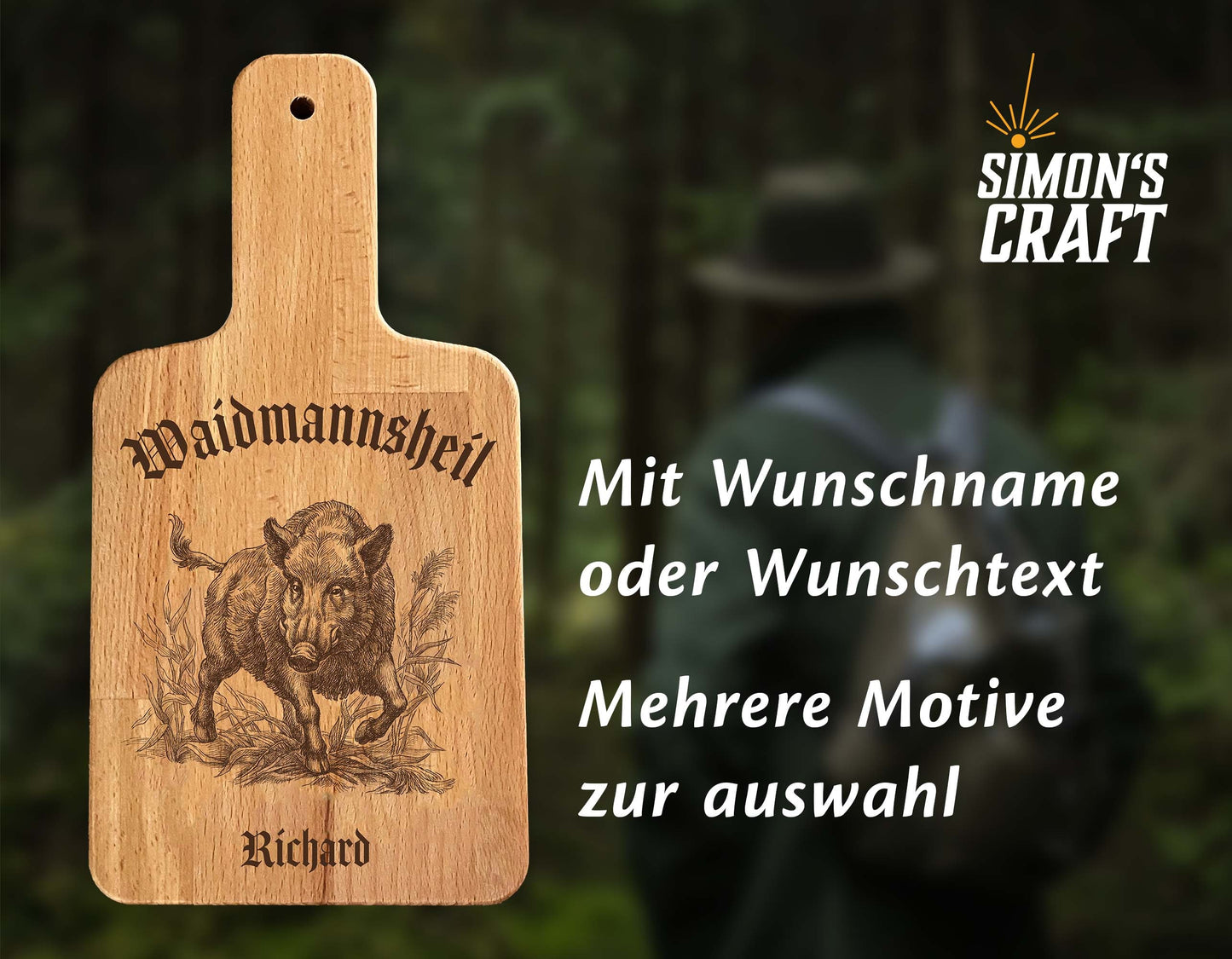 Personalized wooden board with engraving for hunters, with desired text or name, snack board with handle, Waidmannsheil saying for the hunt hunting dog
