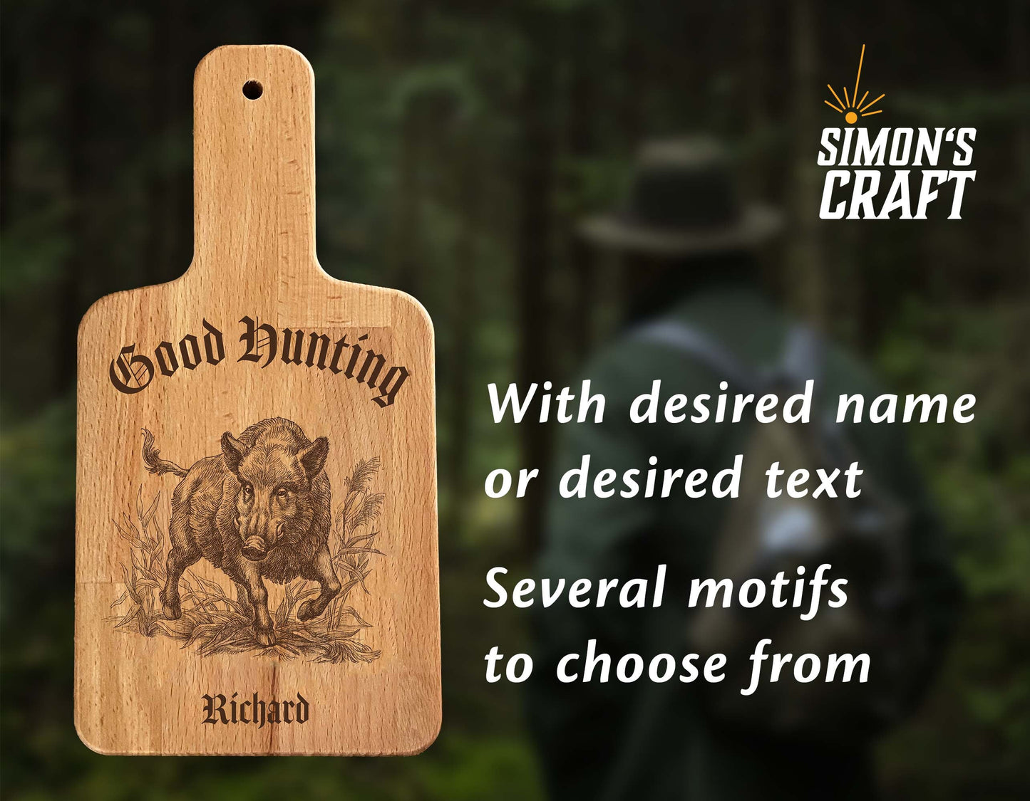 Personalized wooden board with engraving for hunters, with desired text or name, snack board with handle, Waidmannsheil saying for the hunt hunting dog